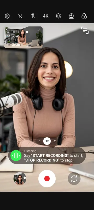 Shootsolo camera screen listening for the Start Recording voice command, with a small landscape preview